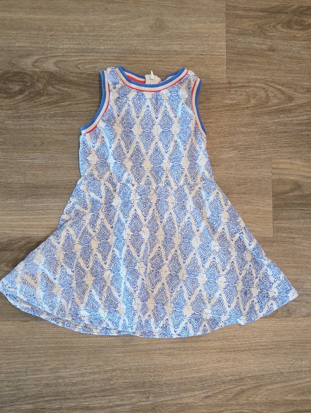 Sleeveless Blue & White Printed Girls' Casual Dress with Coral Trim Size 4